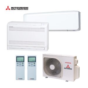 Mitubishi duo-split arirco buitendeel SCM45ZS-W met 1x binenunit 1x SRK-ZS-WF en vloermodel SRF-ZS-W